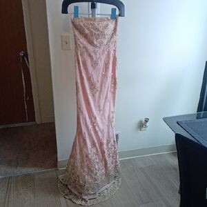 Minuet Petite Strapless Pink Gown with Gold Embellishments